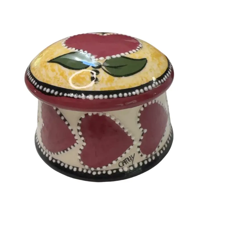 Hand painted Hearts On Lidded Trinket Dish. Signed By Cathy. 4” Round On Bottom, 3” Tall