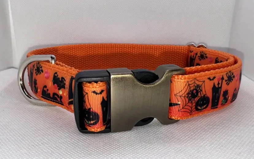 Dog Collar Spooky Fall Halloween Orange Large Handmade Heavy Duty W/Buckle NEW