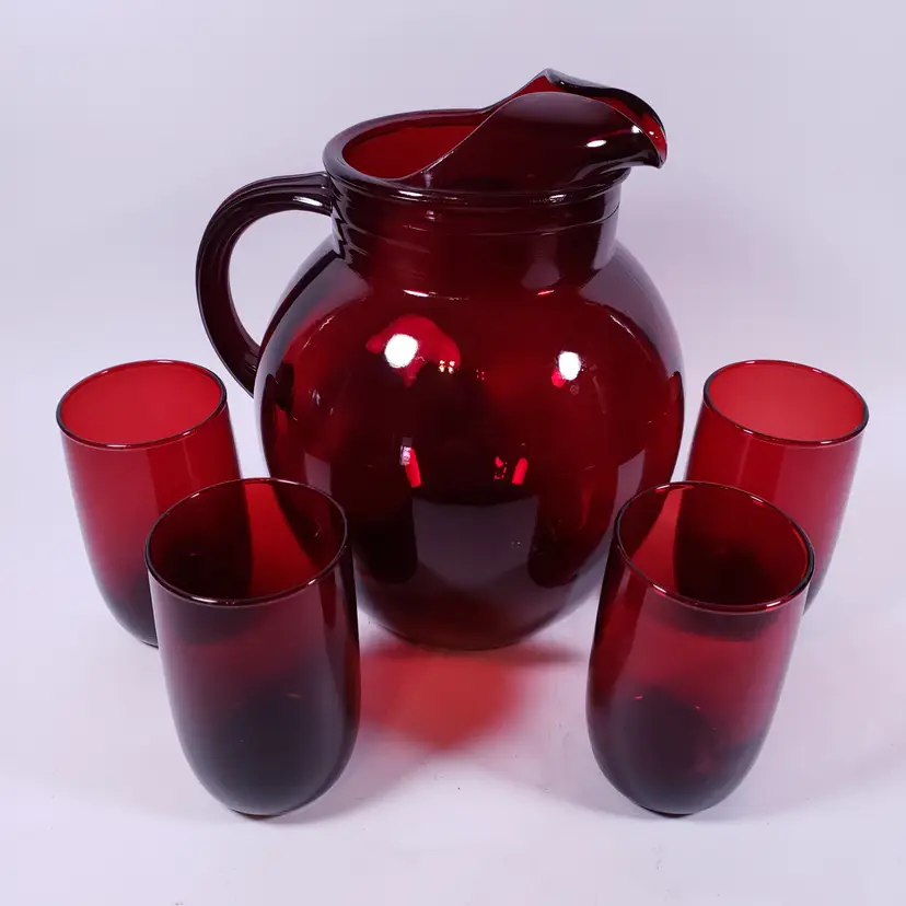 Vintage MCM ANCHOR HOCKING Royal Ruby Red Glass BALL PITCHER & TUMBLER SET