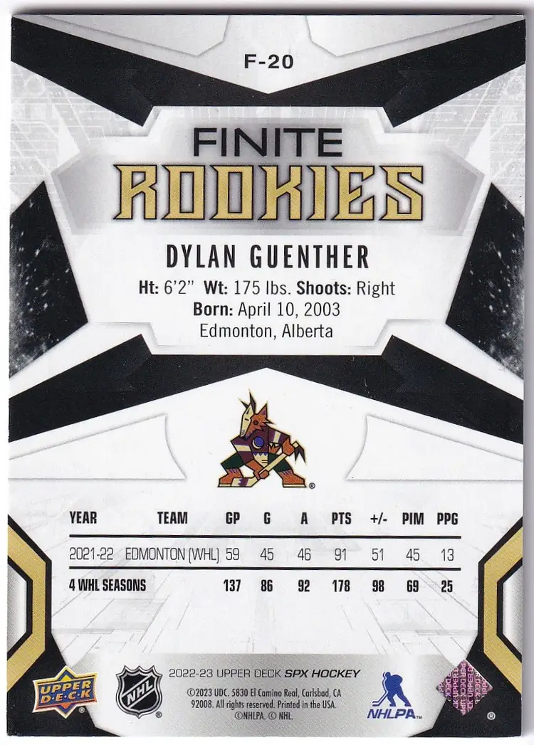 2022-23 SPx Finite Rookies Green #F20 Dylan Guenther Arizona Coyotes Hockey Card