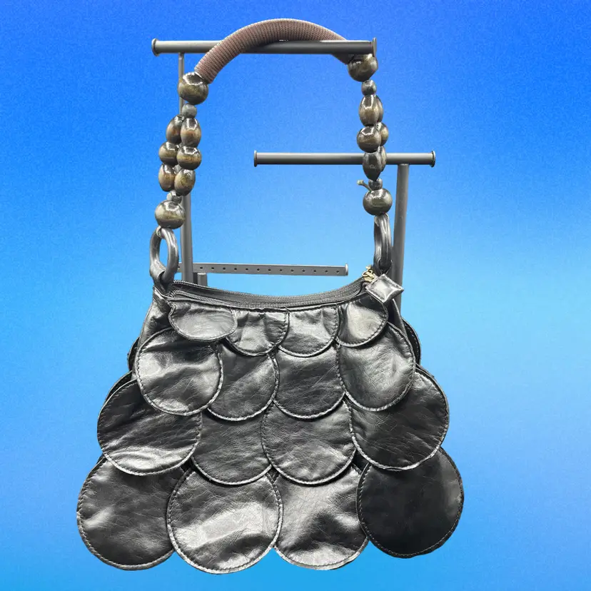 Faux Leather Layered Circles With Wood And Fabric Handle Shoulder Bag