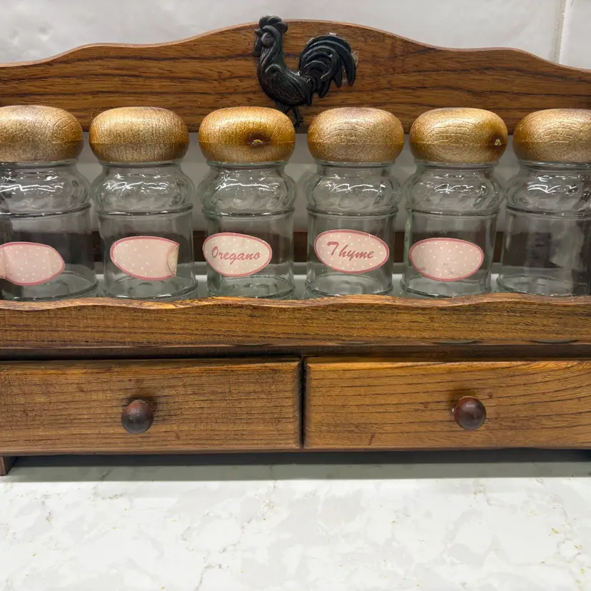Vintage Wooden Spice Rack Country Rooster Style w/ 6 Glass Jars 11.5"x7"