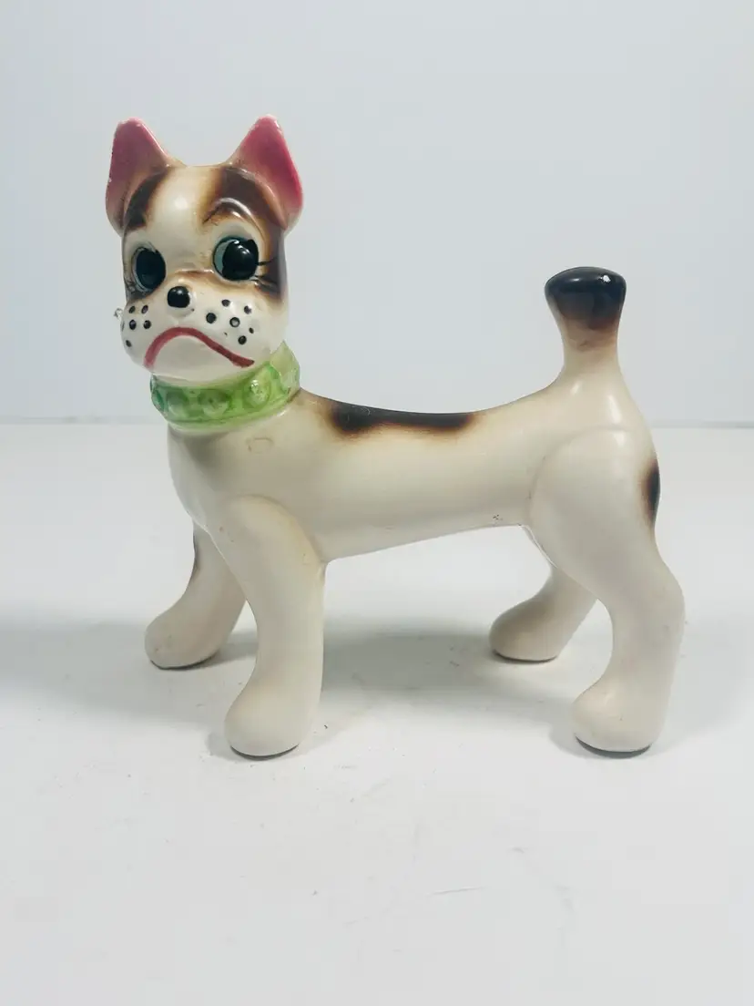 Boxer Dog Figurine Green Collar Standing 4" t 4.25" w Japan Ceramic VTG