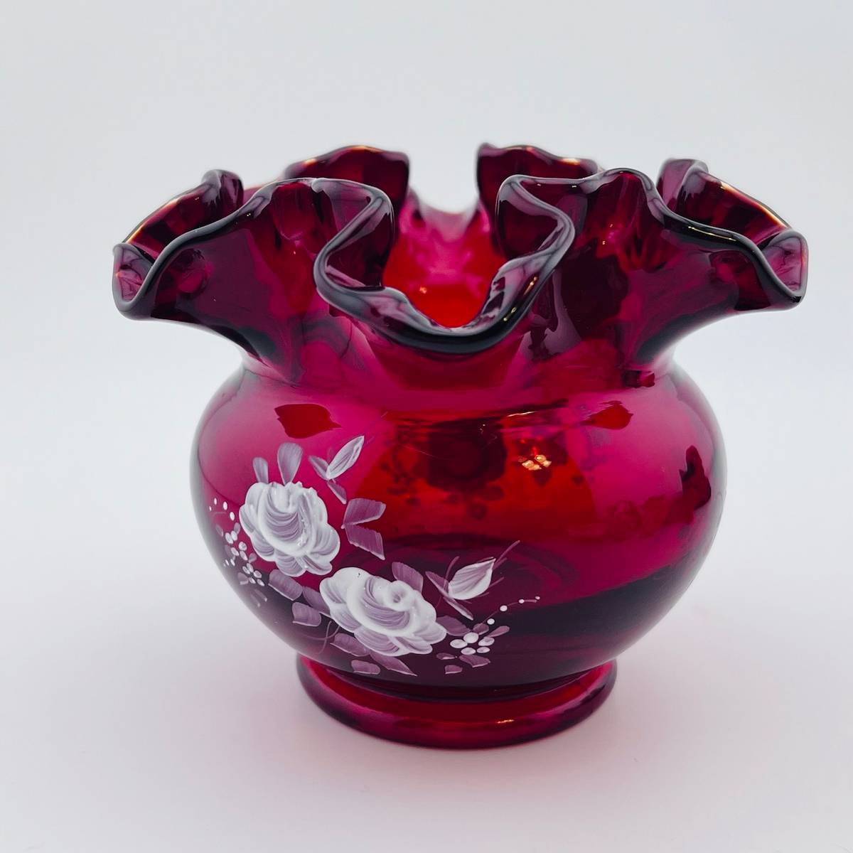 Fenton Ruby Red Bowl Ruffle Niknax · Vintage Fenton Ruby Red Ruffled Edge Rose Bowl Hand Painted ...