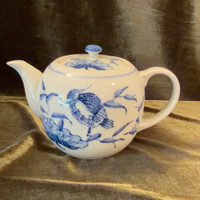 Blue and White Ceramic Teapot with Bird and Floral Motif