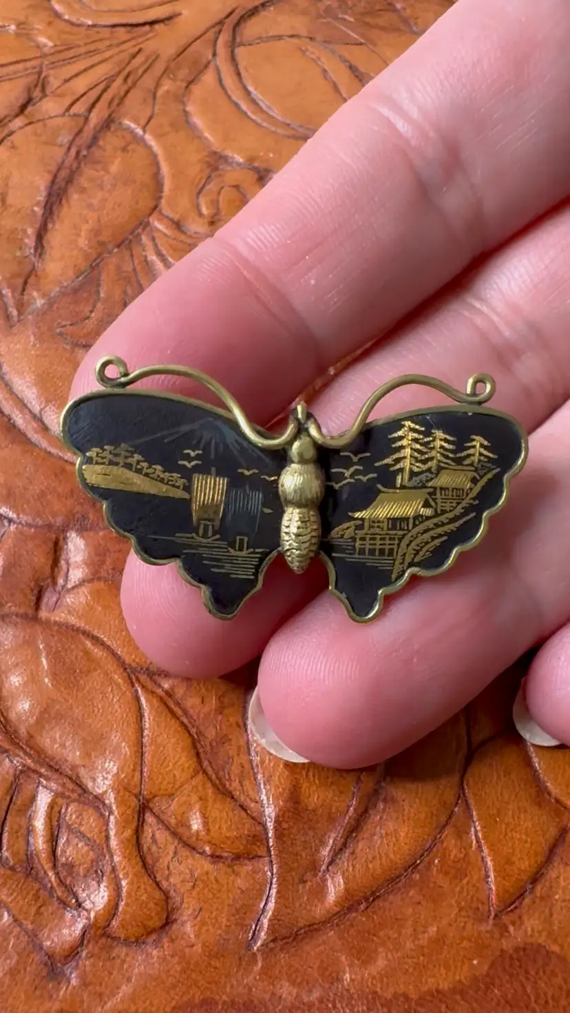 Signed Vintage Japanese Damascene Butterfly Brooch