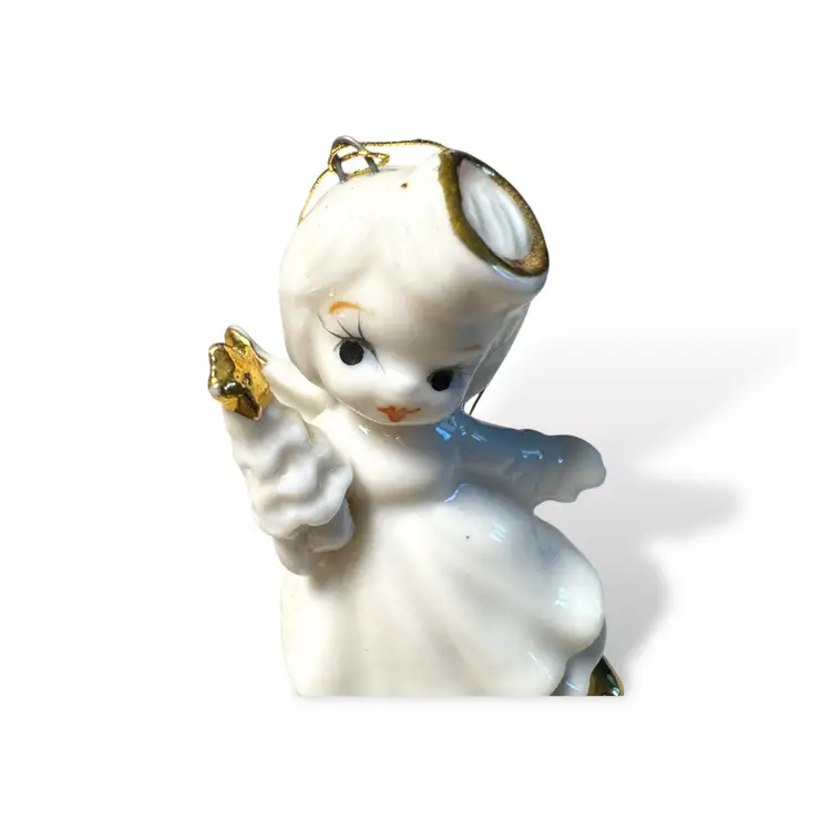 Vintage Hand Painted Bone China Angel Girl with Gold Trimmed Wings and Tree