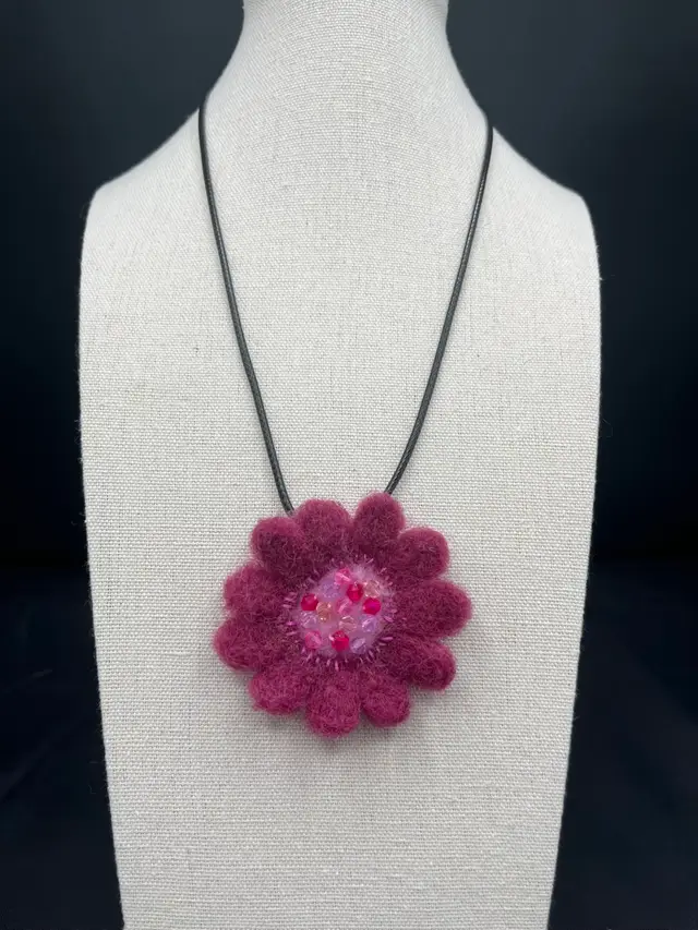 Made By Me Needle Felted Flower Pendant 2 1/4” On 18” Cord With Lobster Clasp