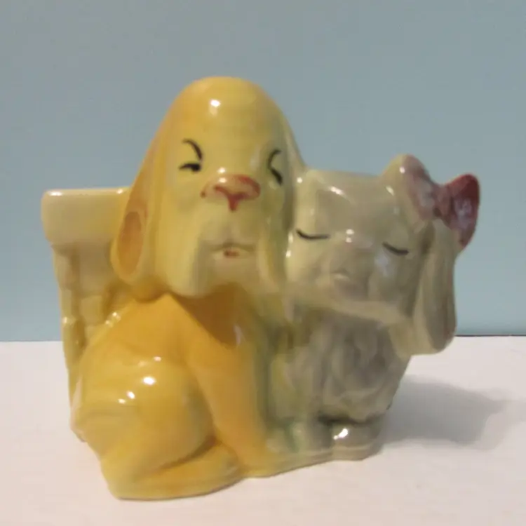 vintage Shawnee USA 611 ceramic dogs planter hound dog one with bow cute couple love Valentine decor