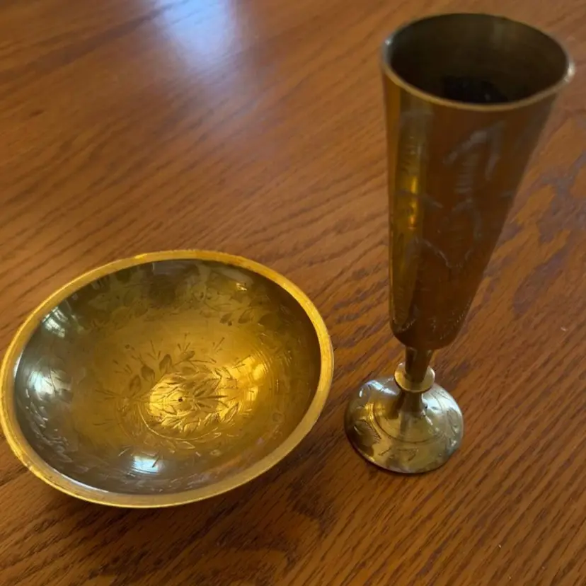 Vintage Brass Etched Bowl and Goblet Set