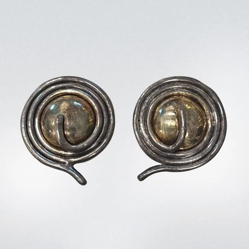Vintage Modernist GW Israel Designer Sterling Silver 925 Gold Wash Clip Earrings Coiled Snake 1.75”, 28.6g