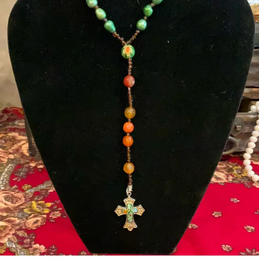 Glass Millefiori And Pearl Necklace