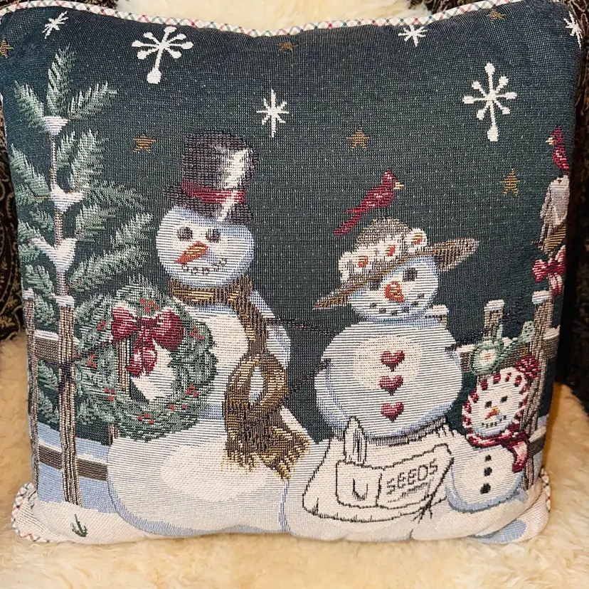 Pristine Vintage Unbranded Snowman Winter Scene Tapestry Throw Pillow