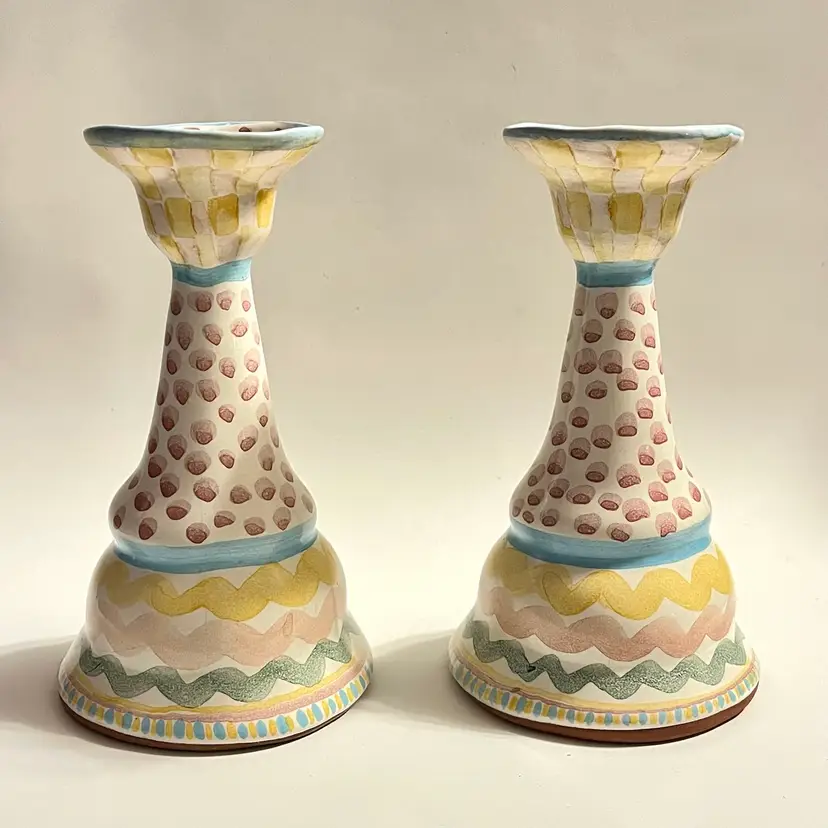 MACKENZIE CHILDS Candlestick Holders AURORA Pattern 7” PAIR 1988 Pottery Ceramic