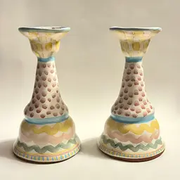 MACKENZIE CHILDS Candlestick Holders AURORA Pattern 7” PAIR 1988 Pottery Ceramic