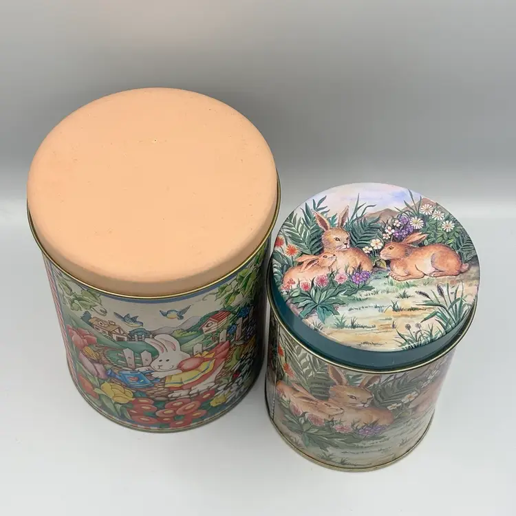 Vintage Easter Metal Canisters Lidded Tins with Bunnies 5”&6”