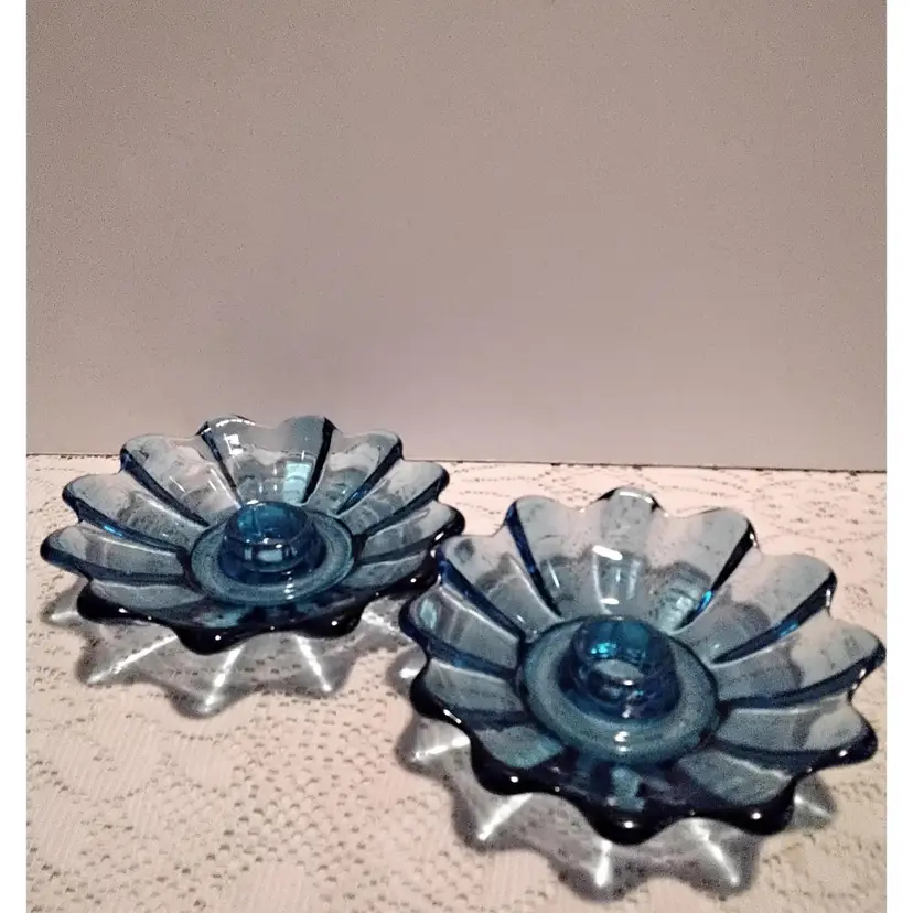 Glass Celestial Blue Single Light Candlestick Candleholders Set