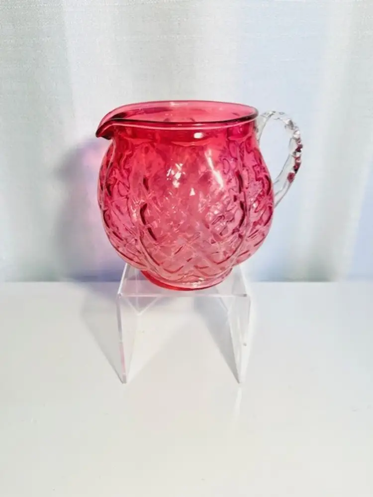 Vintage Fenton Cranberry Glass Quilt Diamond Pattern Pitcher 5 1/2" tall x 4 1/2" wide