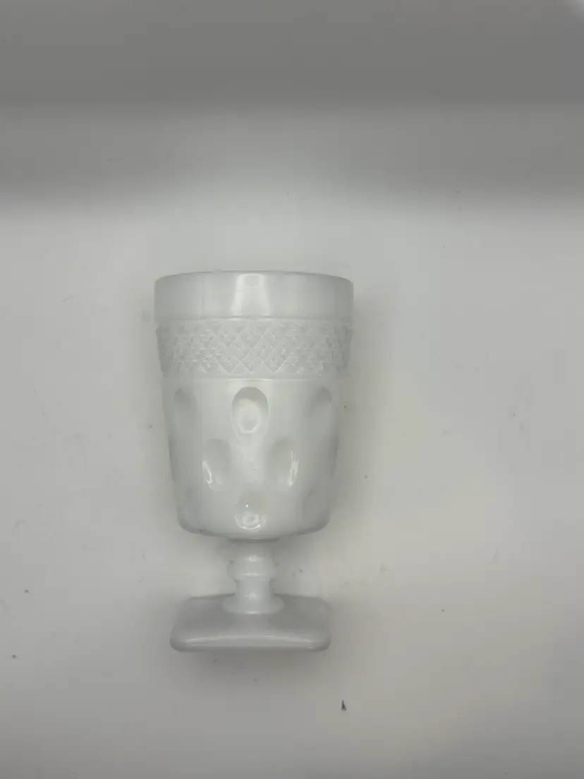 Vintage McKee Opal Milk Glass Iced Tea goblet - thumbprint and crosshatch pattern. 5.5”