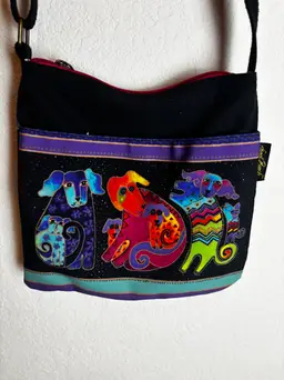 Laurel Burch Dog Art Canvas Crossbody Bag Black Multi Color Small Messenger