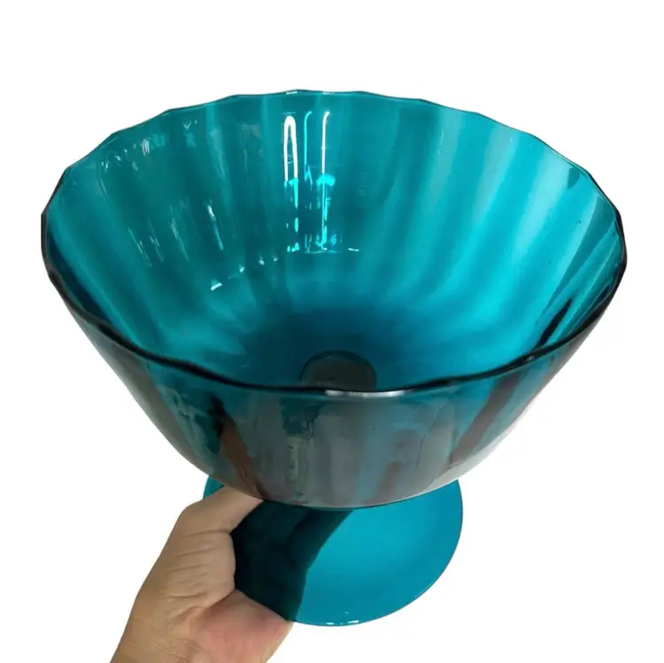 Empoli optic rib turquoise aqua pedestal bowl/large compote bowl/ Handblown glass bowl/made in Italy/mcm glass
