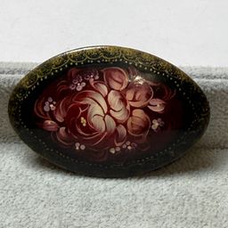 Vintage Russian Lacquer Wood Brooch Folk Art Miniature Purple Floral Signed