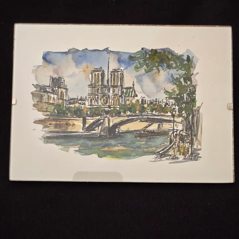 Studio Art Notre Dame de Paris Cathedral & River Watercolor 5"×7"  in Glass Framed