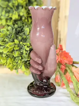 Antique Victorian Era Hand Vase Trefoil Crimped Rim purple White Cased Glass Vase