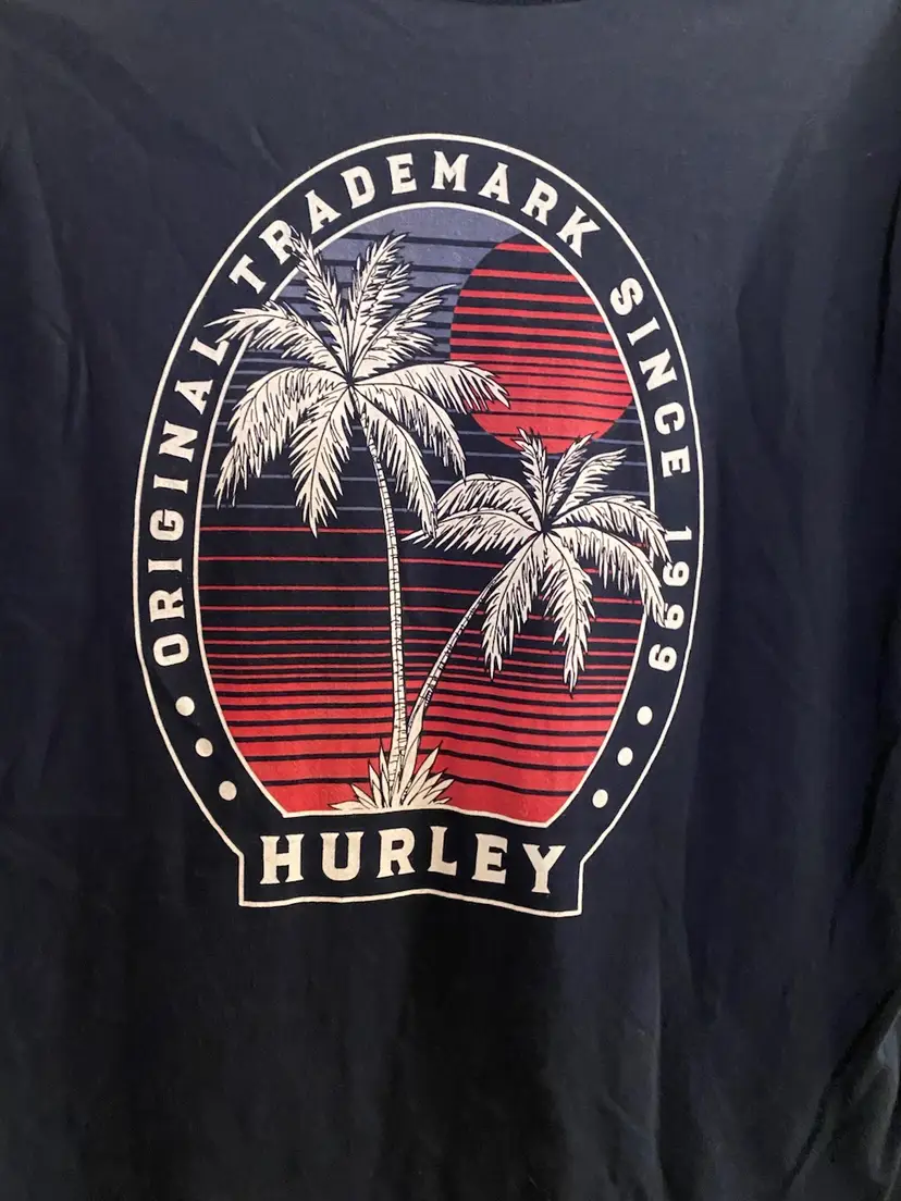 Hurley Mens Graphic Tee T Shirt M Medium Navy Blue Palm Trees Beach 38”