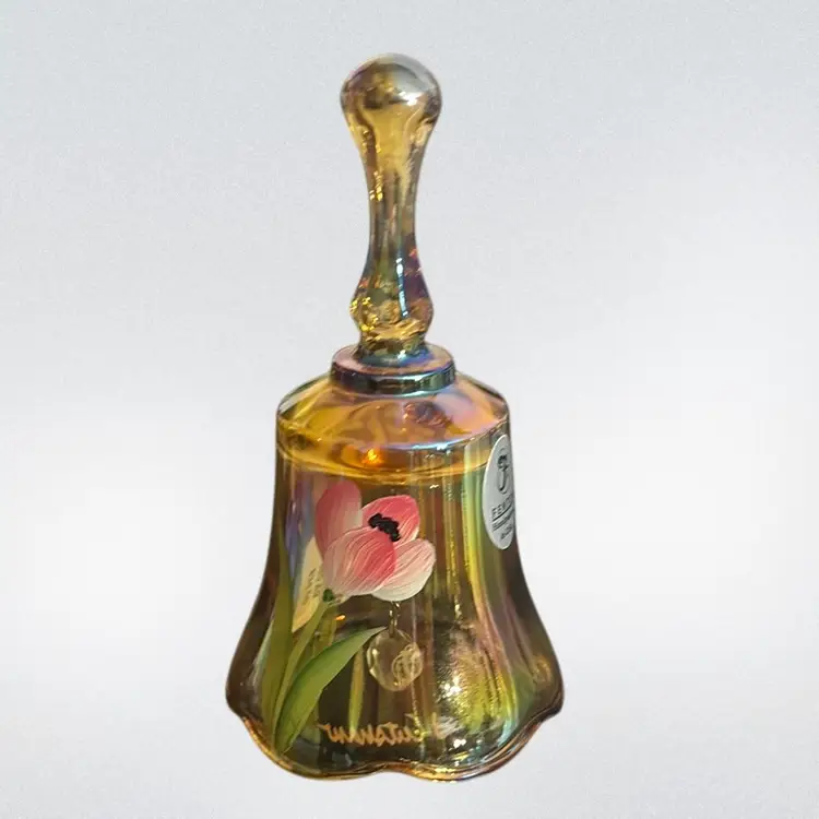 Fenton Tiny Hand Painted And Signed Yellow Bell signed By J Cutsaw