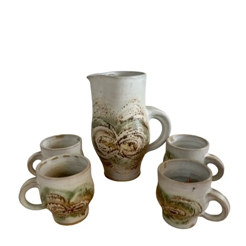 Vintage Mid Century Alie Lee Art Pottery Pitcher and Four Mugs