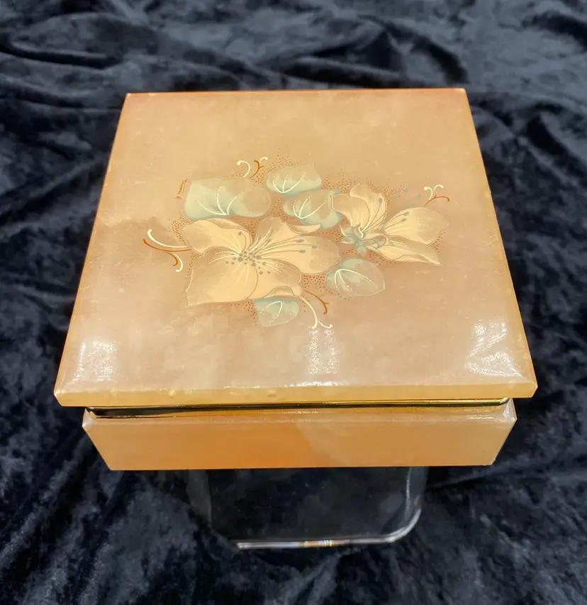 Vintage Peach Genuine Alabaster Lidded Square Trinket Box, Hibiscus, from Italy