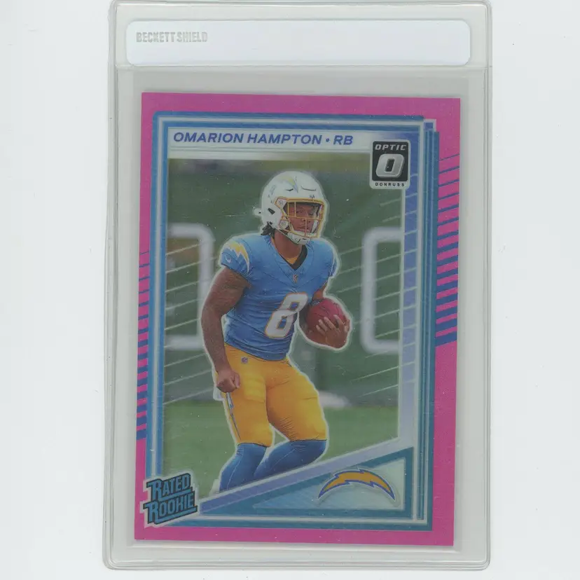Football 2025 Panini Donruss Rated Rookie Omarion Hampton #212 Optic Preview Pink Prizm L.A. Chargers