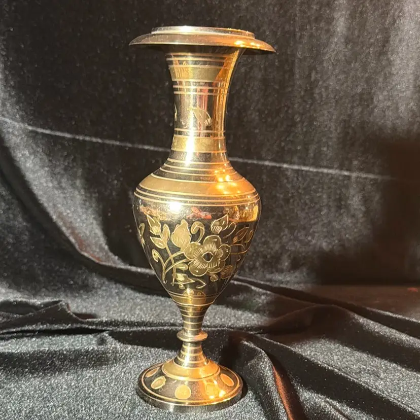 Vintage Black & Gold Indian Etched Brass Vase