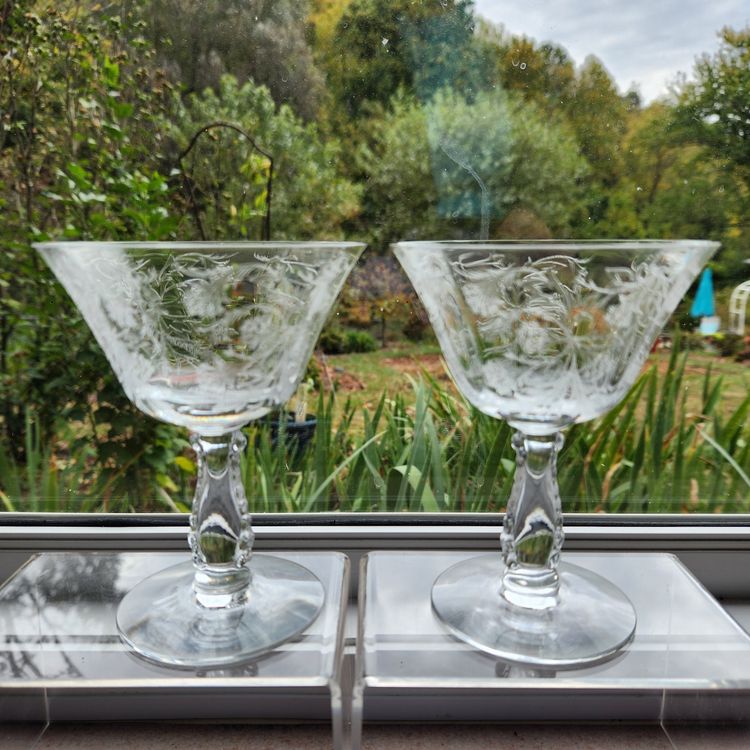 Heather Etch Glasses Set of 2 Champagne Coupe Footed by Fostoria Glass 1950s Retired - USA