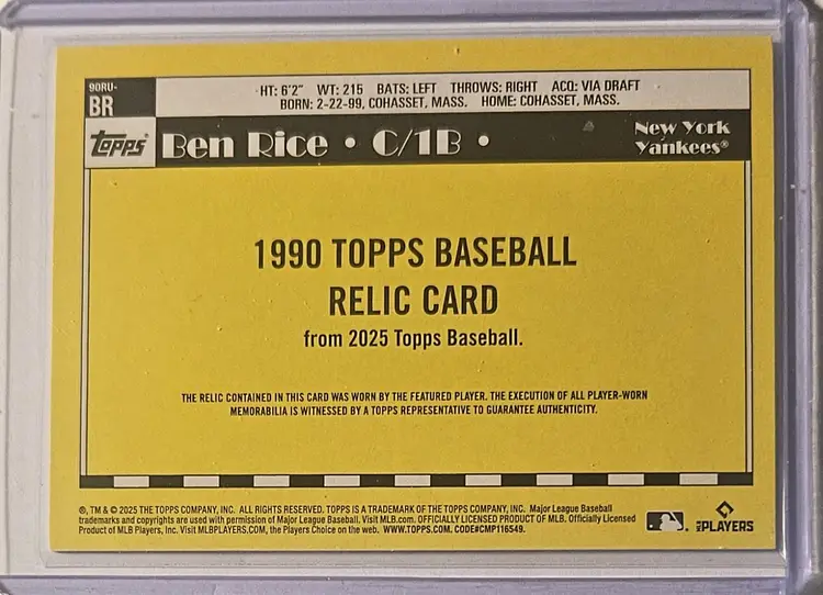 2025 Topps Update 1990 Relic RC Ben Rice