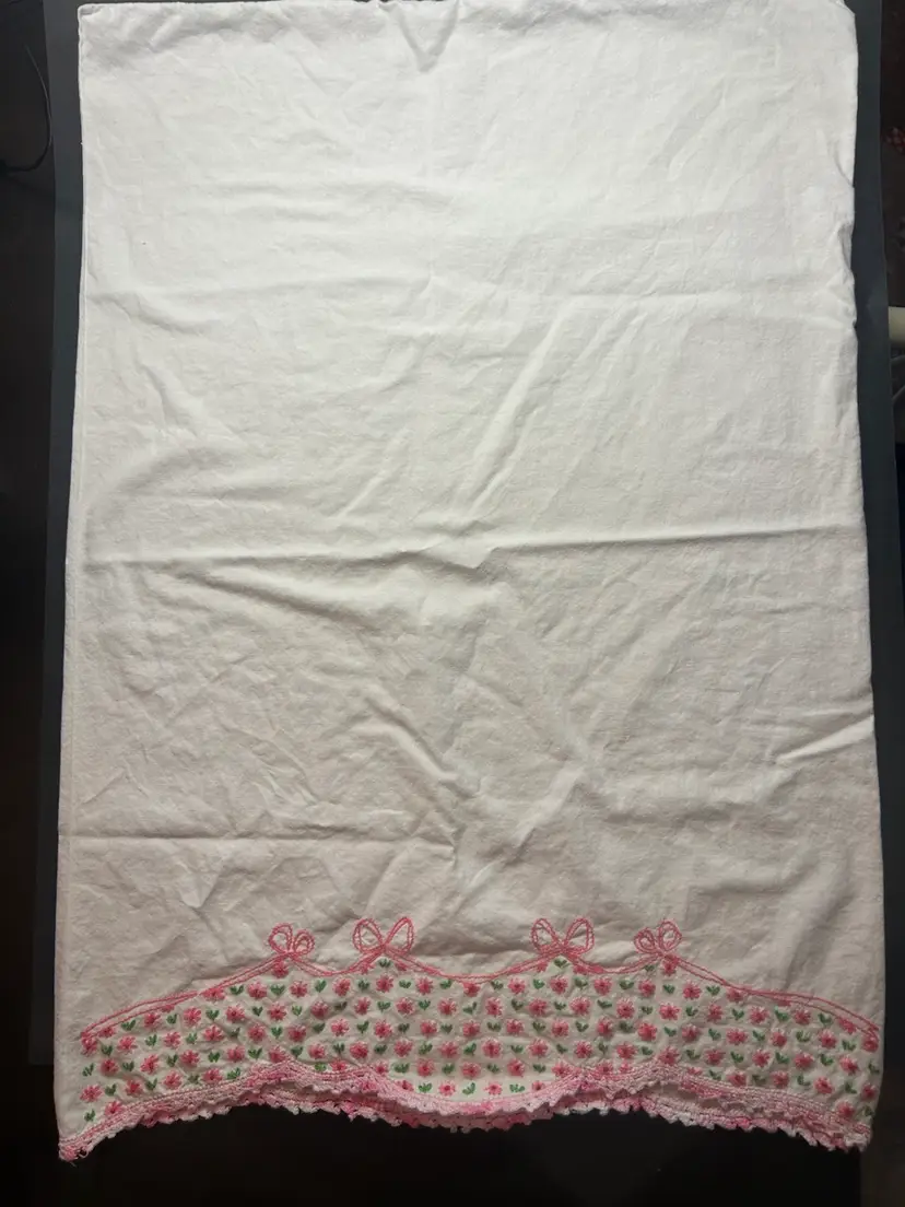 Vintage Handboard, Pillowcase, Pink Flowers, And Bows, Pink Crocheted Edge