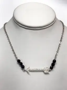 Vintage rhinestone arrow blue metallic sandstone semi precious bead necklace