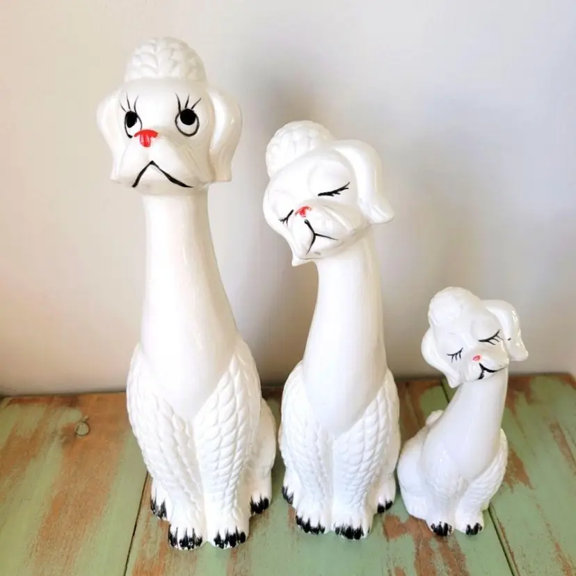 Vintage Long Neck Poodle Trio Family of Dogs Figurines Set
