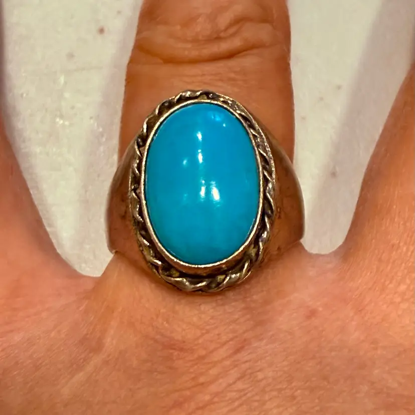 Vintage Navajo Sterling Silver Turquoise Cabochon Sandcast Ring Size 8, 8.8g Tested