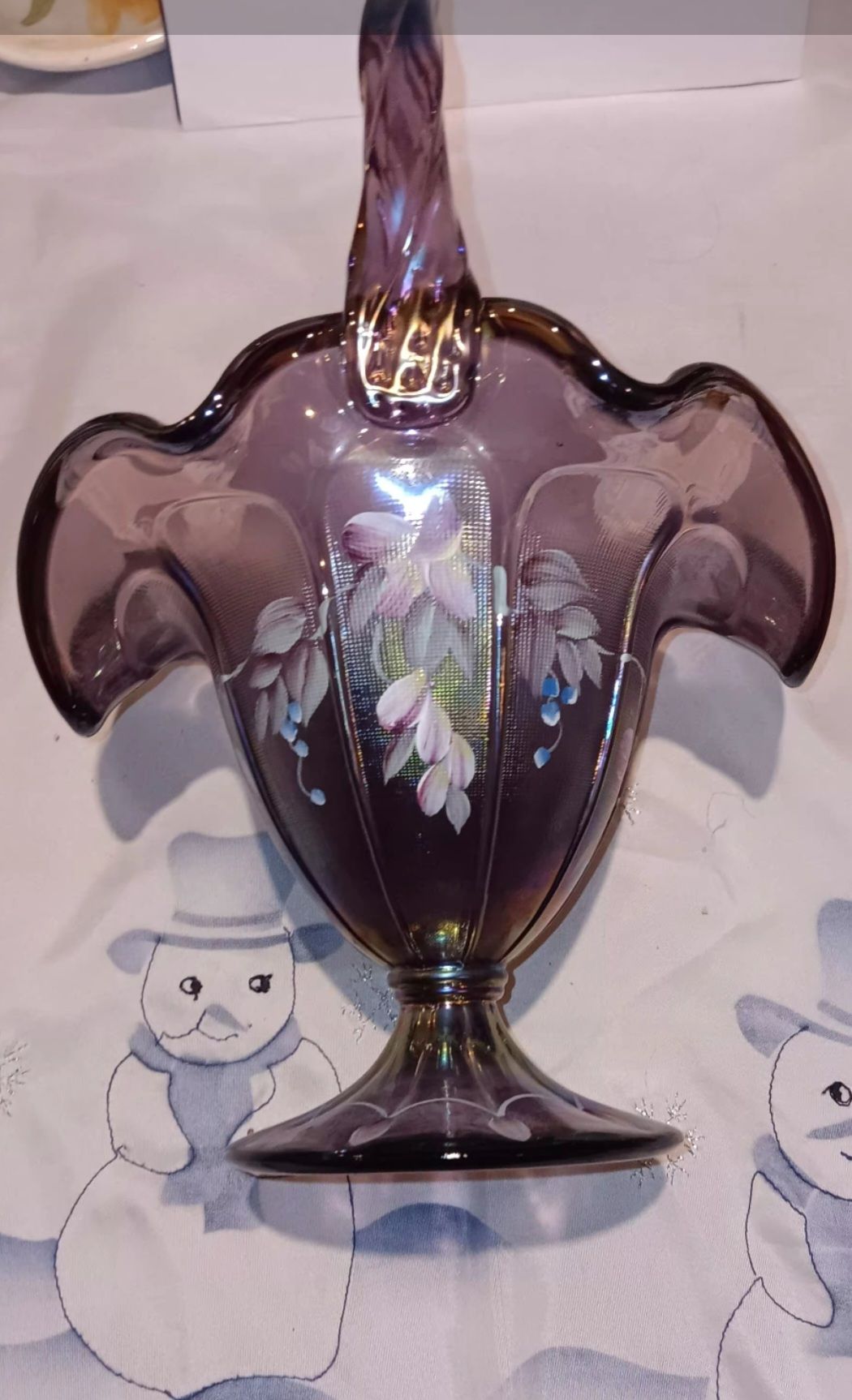 Signed Fenton Glass 75th Anniversary Plum Iridescent Wisteria Basket