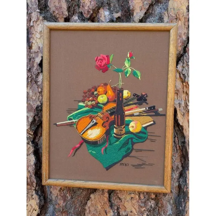 Gorgeous vintage framed needlepoint - sunset stitchery classic still life 15x19