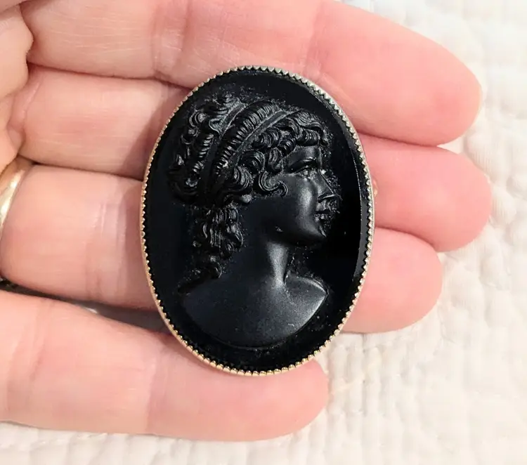 Vintage Victorian Revival of Black Jet Portrait Cameo Brooch in a Silver Tone Setting