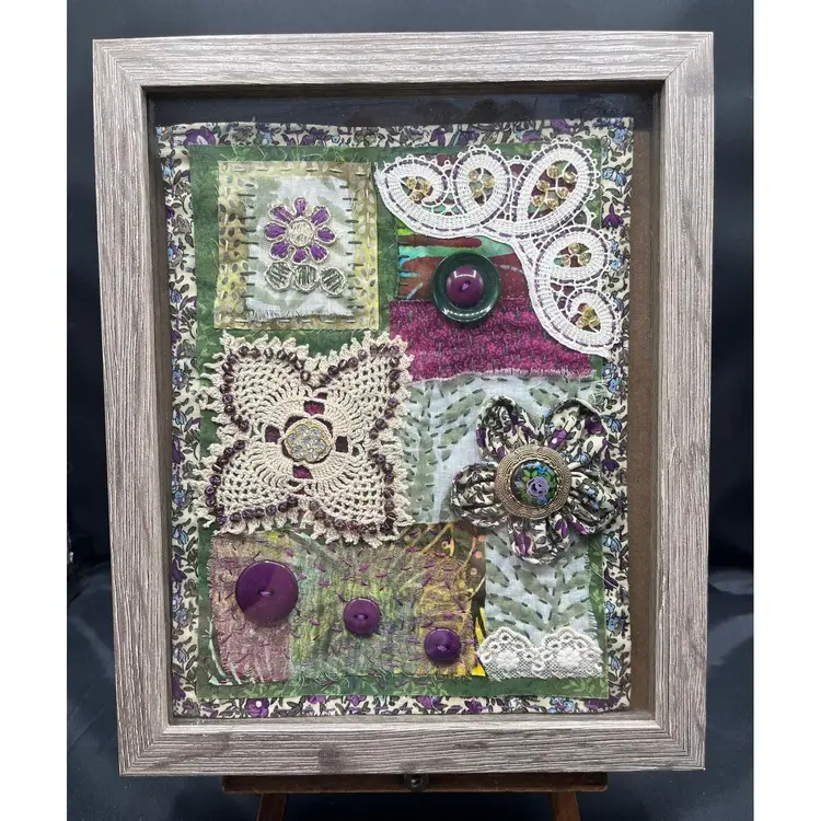 Made By Me Hand Sewn Fabric Collage Framed Art Burgundy And Green