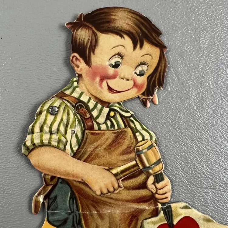 Vintage Valentine Card Mechanical Die Cut Boy Engrave My Heart Germany 6.5"