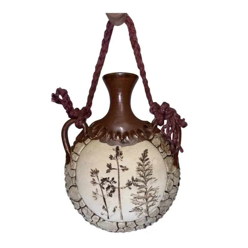 B Jarvie New Zealand Pottery Signed Etched Canteen With Decorative Rope