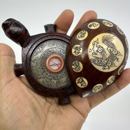 Vintage Carved Wood Turtle Compass With Inlaid Chinese Zodiac Signs