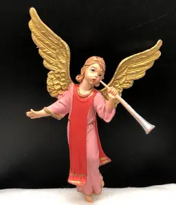 Vintage Depose Italy Angel Red Pink Gold  Playing The Horn Christmas Figurine