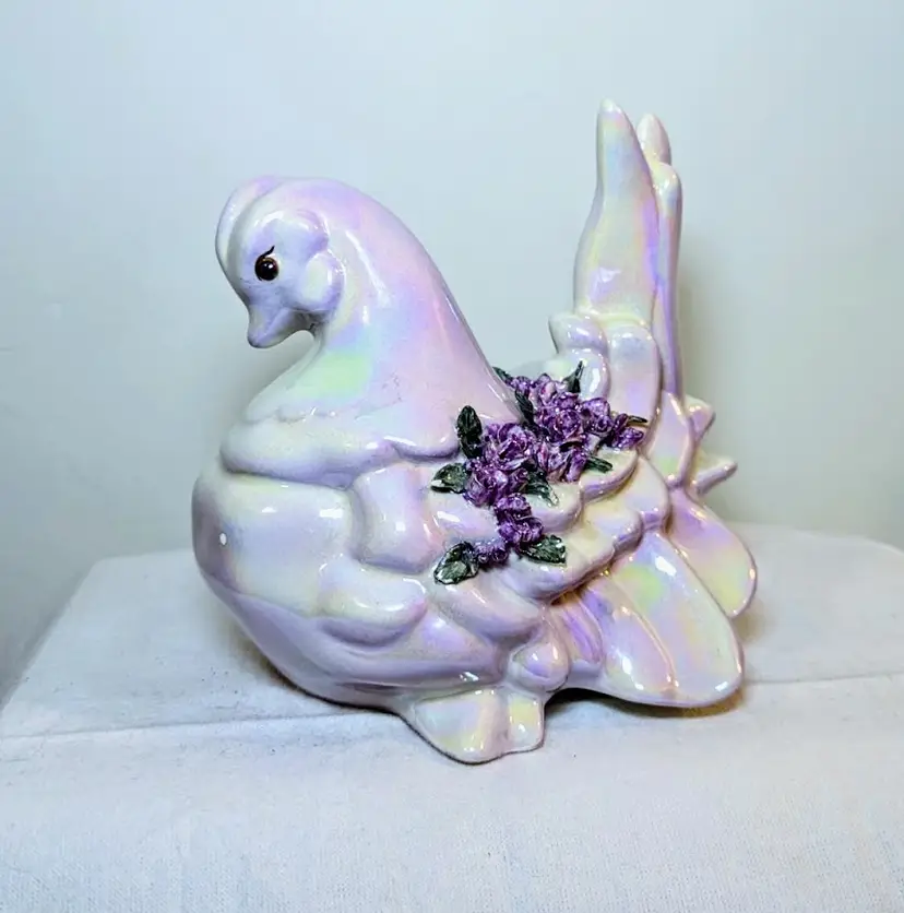 Vintage Luster Dove with Purple Flowers - marked KV - possibly ARDCO