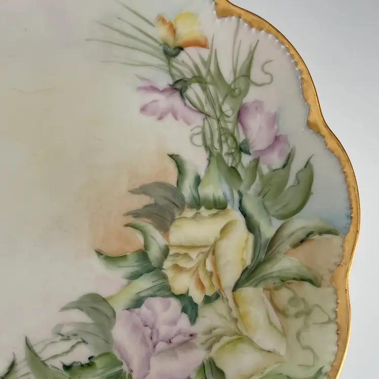 Antique Haviland Limoges France Scalloped Plate Gold Gilt Hand Painted Yellow Purple Roses Flowers 8.5"